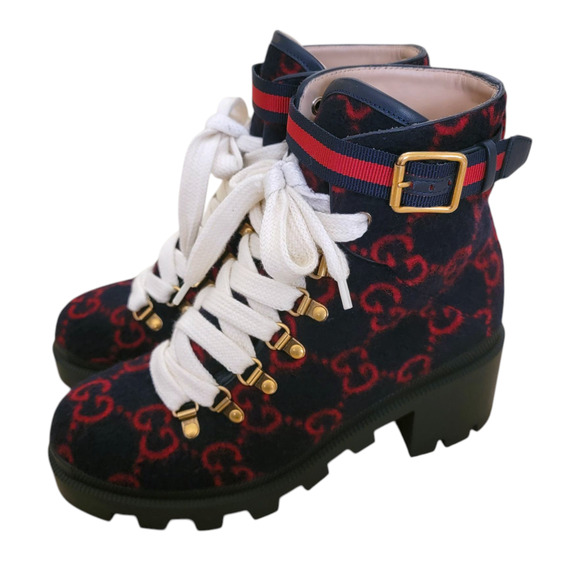 Gucci GG Monogram Navy Red Wool Lace-Up Web Combat Platform Boots 37.5 - Picture 14 of 14